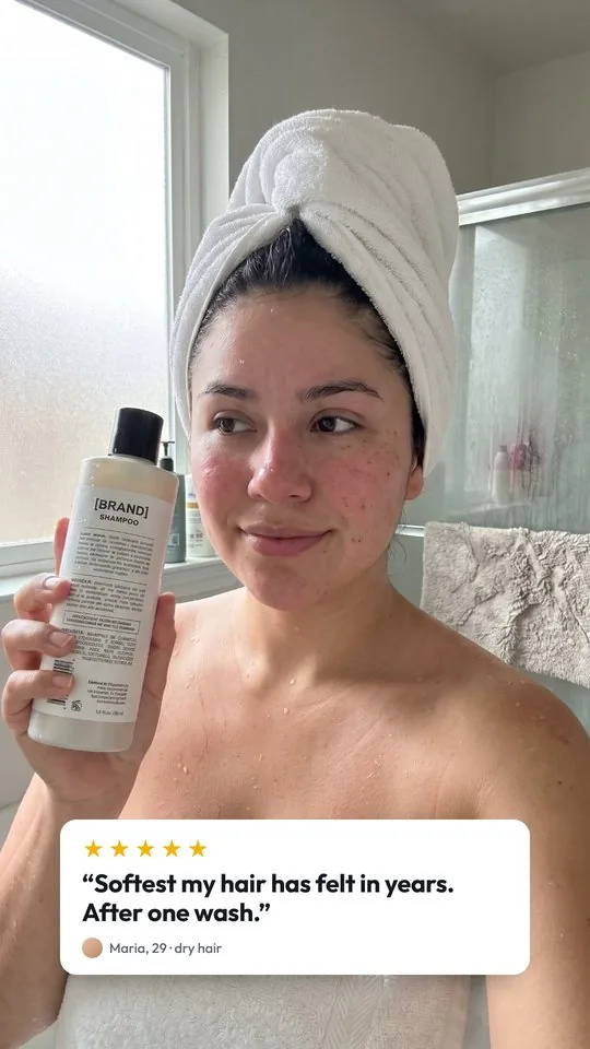 AI-generated shampoo ad with a customer review card